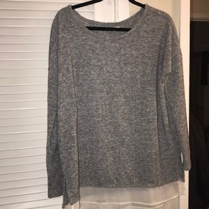 Gray wide neck sweater with white sheer trim